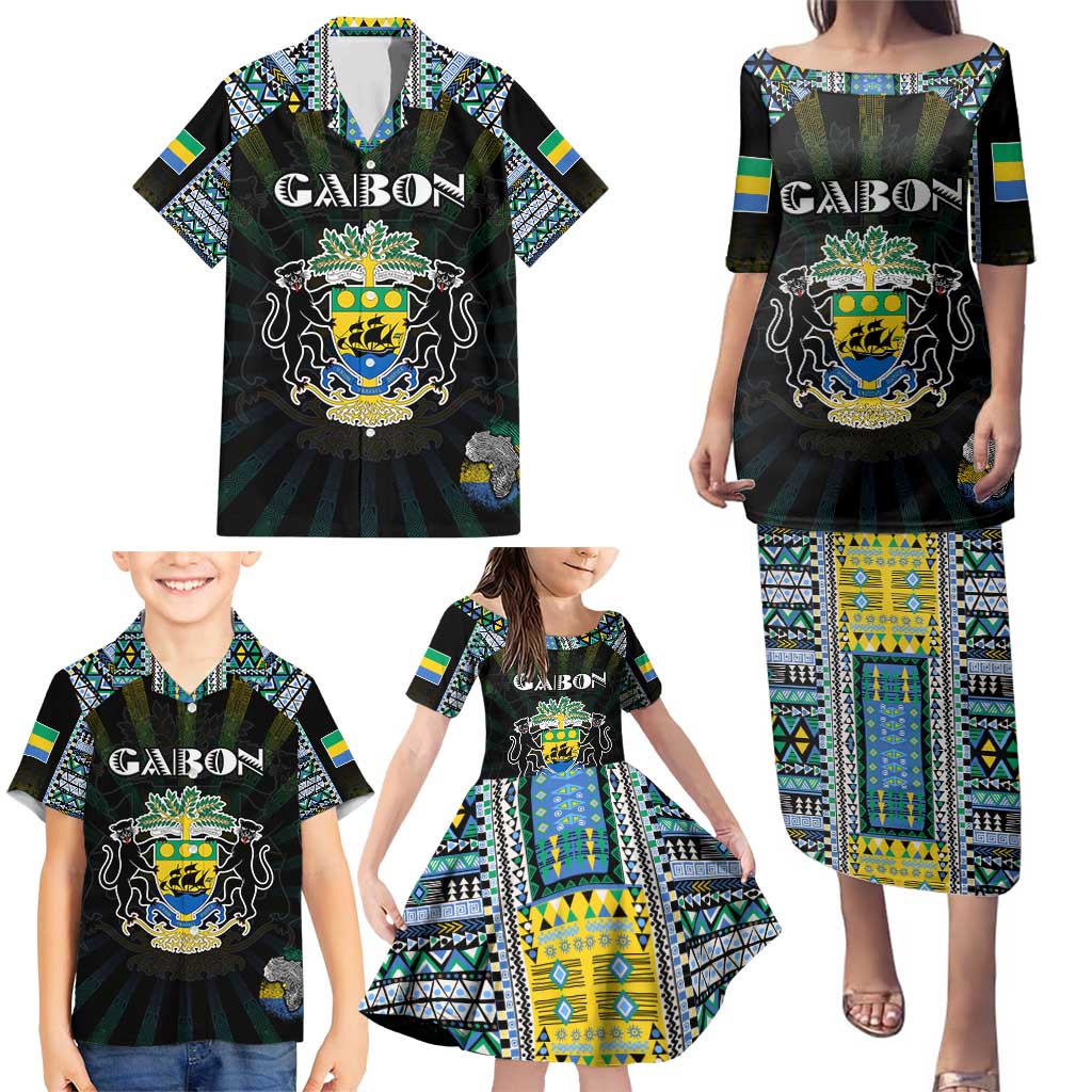 Personalized Gabon Roots Family Matching Puletasi and Hawaiian Shirt African Map in Fingerprint and Tribal Colors