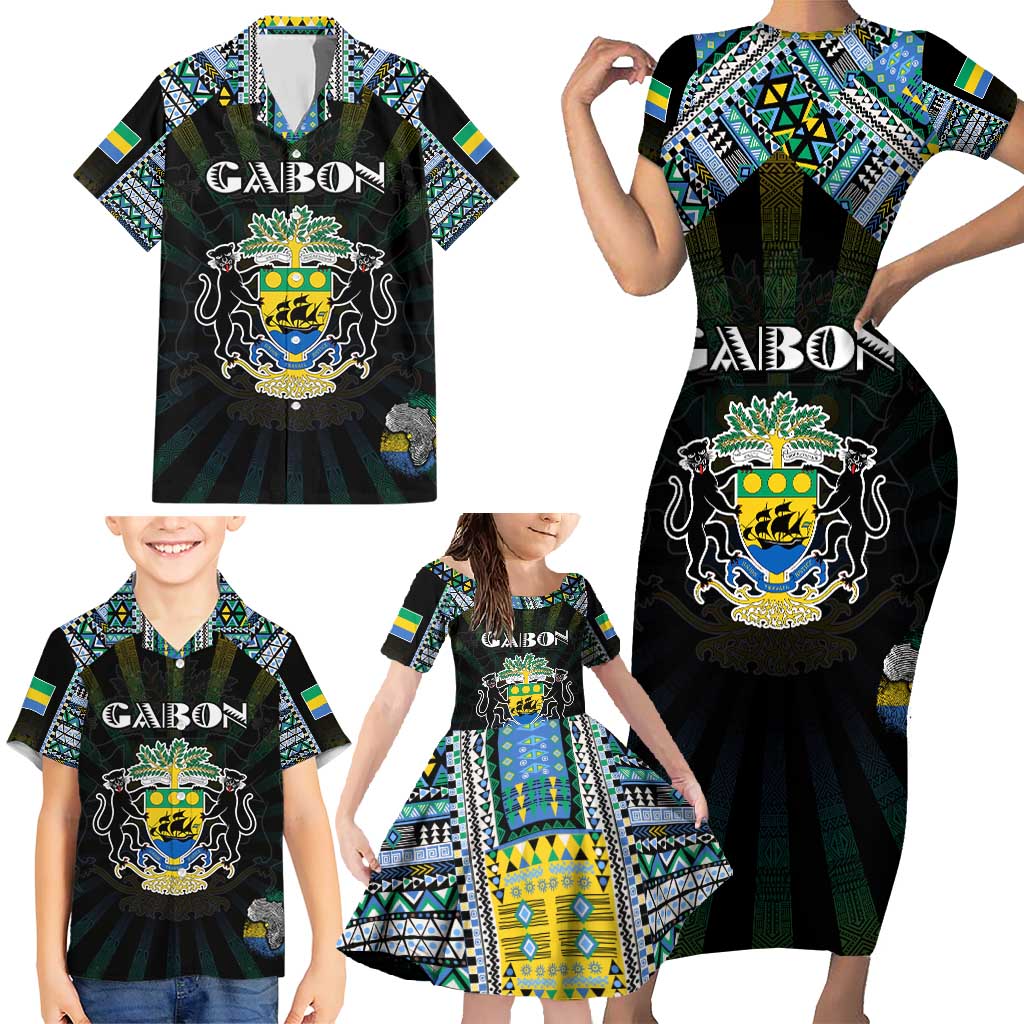 Personalized Gabon Roots Family Matching Short Sleeve Bodycon Dress and Hawaiian Shirt African Map in Fingerprint and Tribal Colors