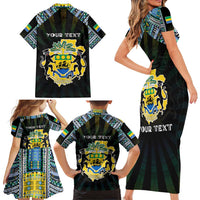 Personalized Gabon Roots Family Matching Short Sleeve Bodycon Dress and Hawaiian Shirt African Map in Fingerprint and Tribal Colors