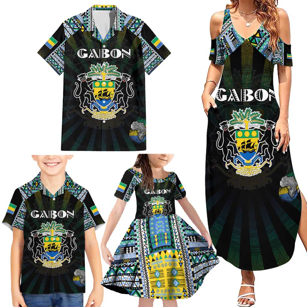 Personalized Gabon Roots Family Matching Summer Maxi Dress and Hawaiian Shirt African Map in Fingerprint and Tribal Colors