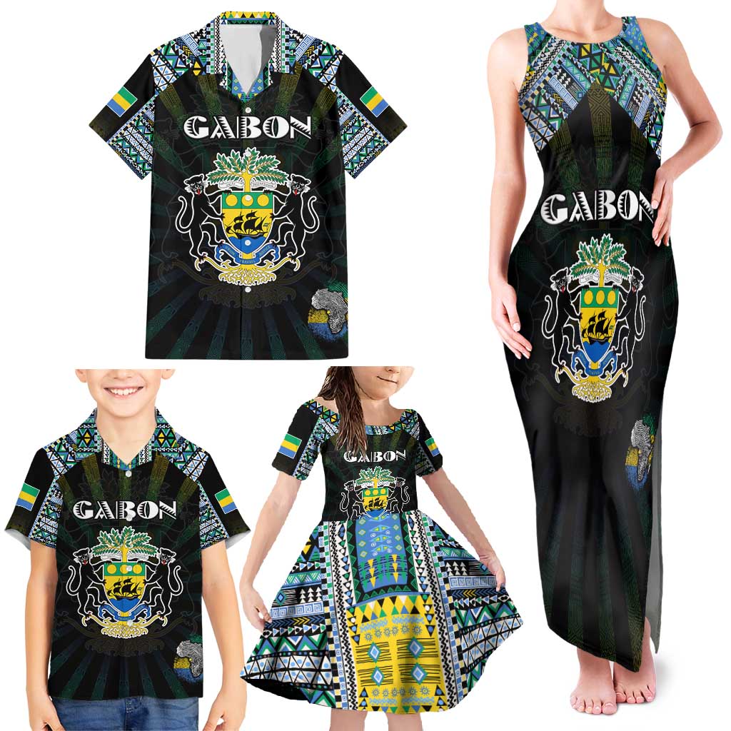Personalized Gabon Roots Family Matching Tank Maxi Dress and Hawaiian Shirt African Map in Fingerprint and Tribal Colors