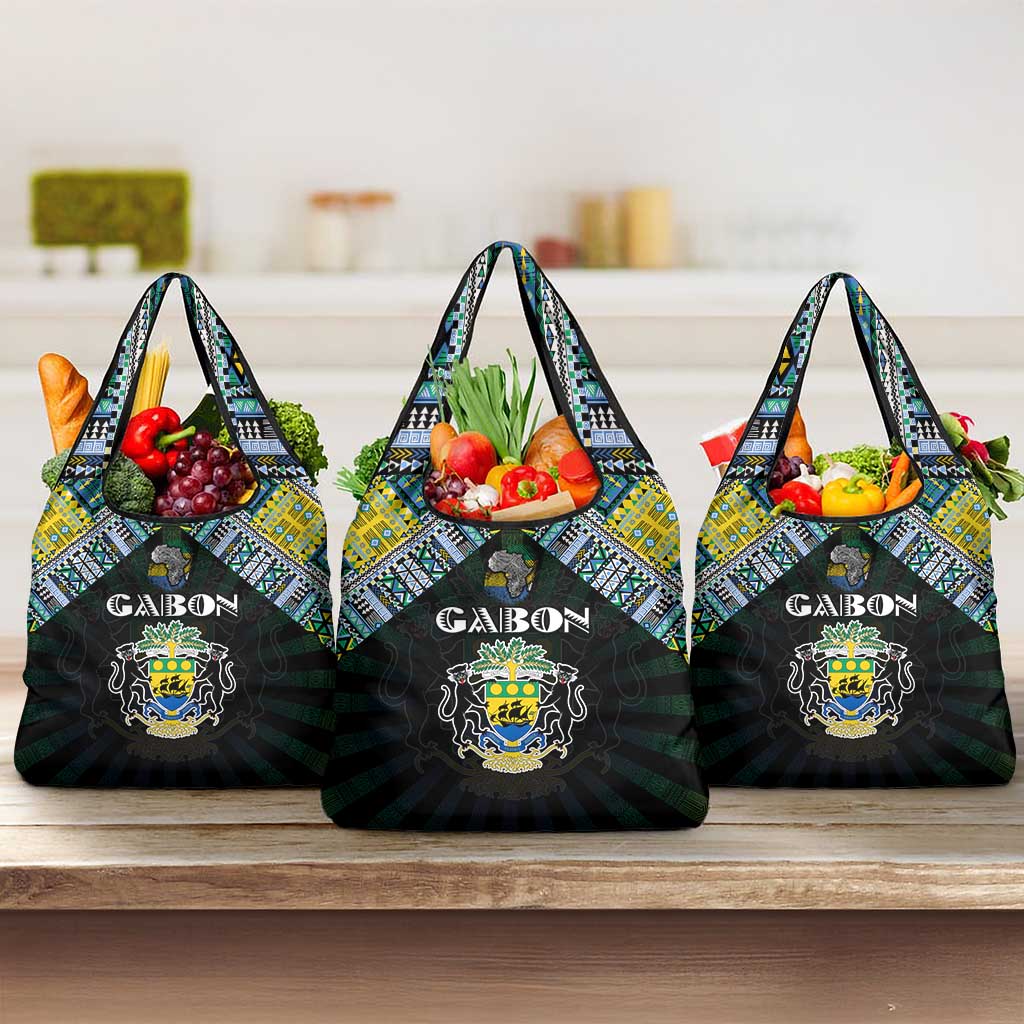 Gabon Roots Grocery Bag African Map in Fingerprint and Tribal Colors