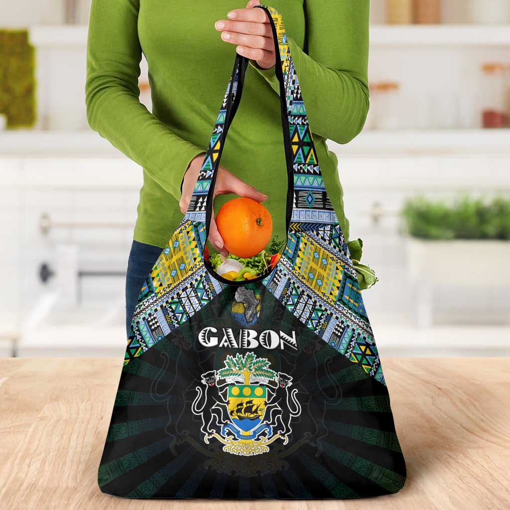 Gabon Roots Grocery Bag African Map in Fingerprint and Tribal Colors