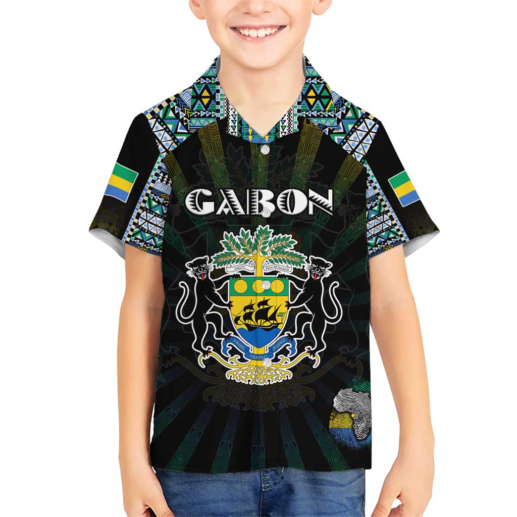 Personalized Gabon Roots Kid Hawaiian Shirt African Map in Fingerprint and Tribal Colors