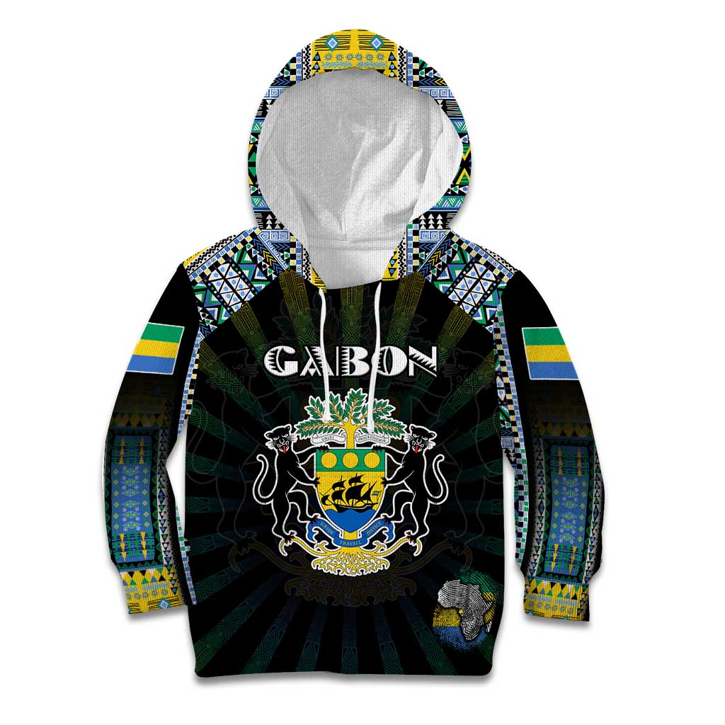 Personalized Gabon Roots Kid Hoodie African Map in Fingerprint and Tribal Colors