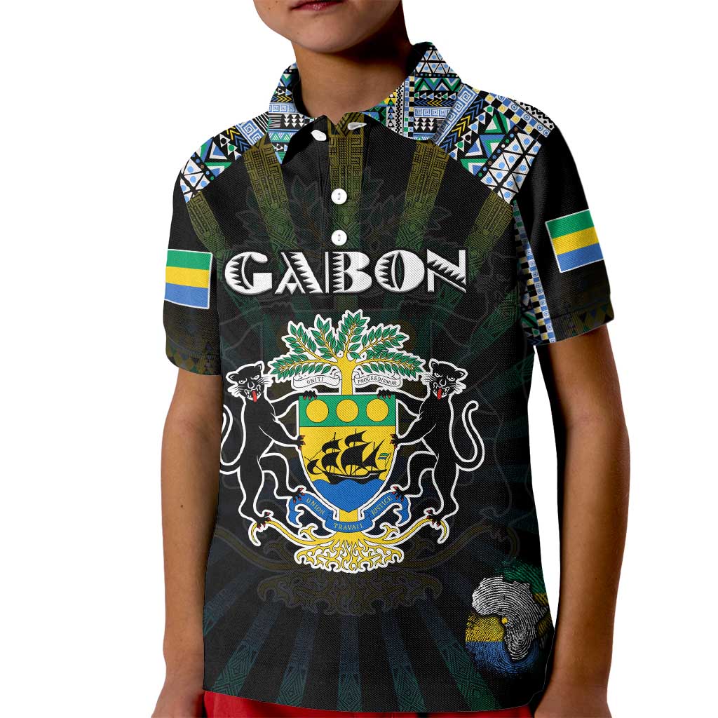 Personalized Gabon Roots Kid Polo Shirt African Map in Fingerprint and Tribal Colors