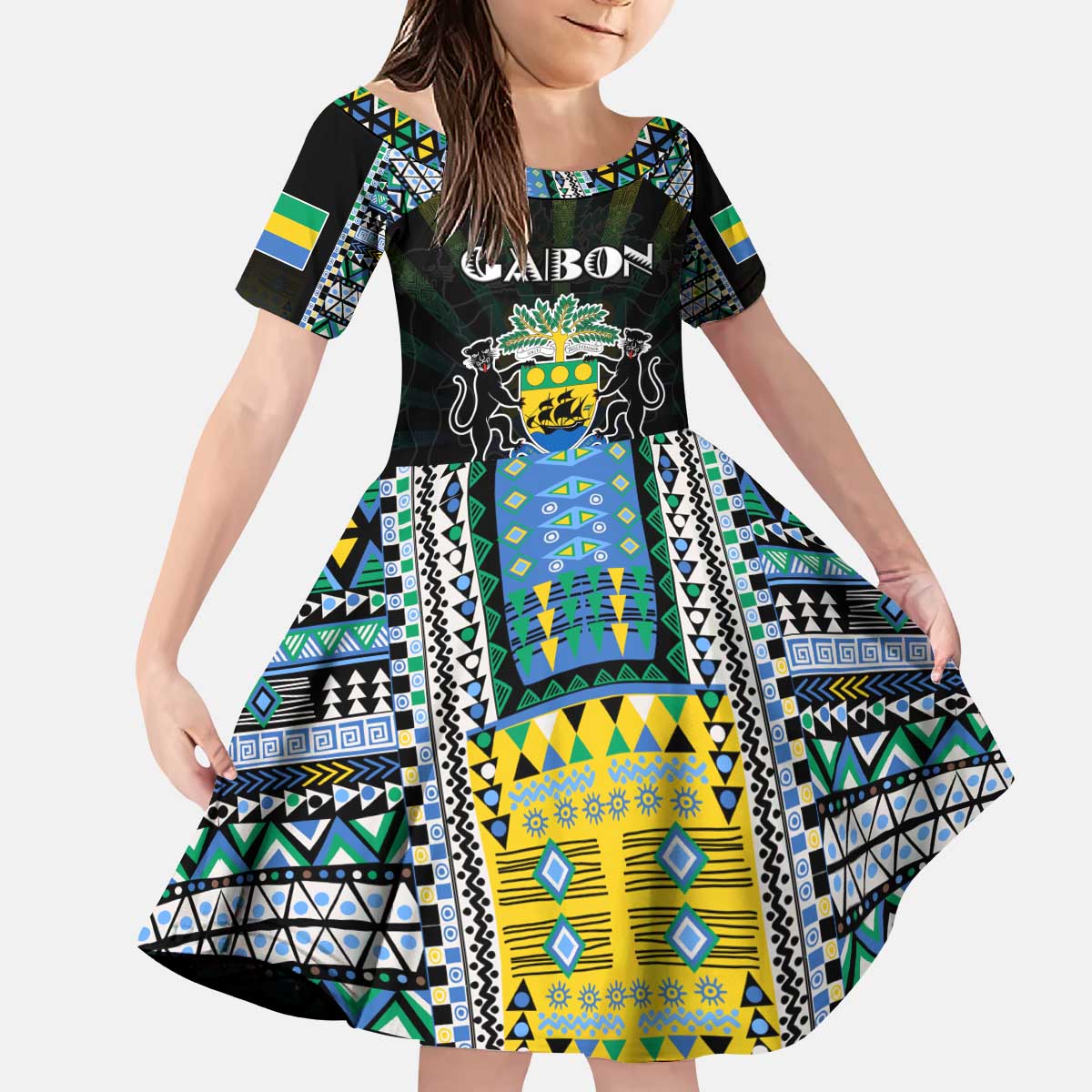 Personalized Gabon Roots Kid Short Sleeve Dress African Map in Fingerprint and Tribal Colors