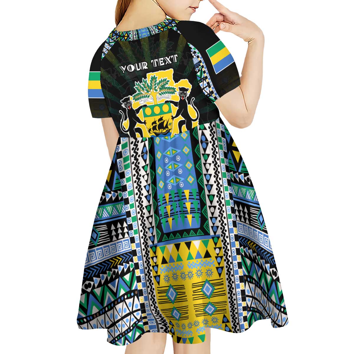 Personalized Gabon Roots Kid Short Sleeve Dress African Map in Fingerprint and Tribal Colors
