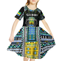 Personalized Gabon Roots Kid Short Sleeve Dress African Map in Fingerprint and Tribal Colors