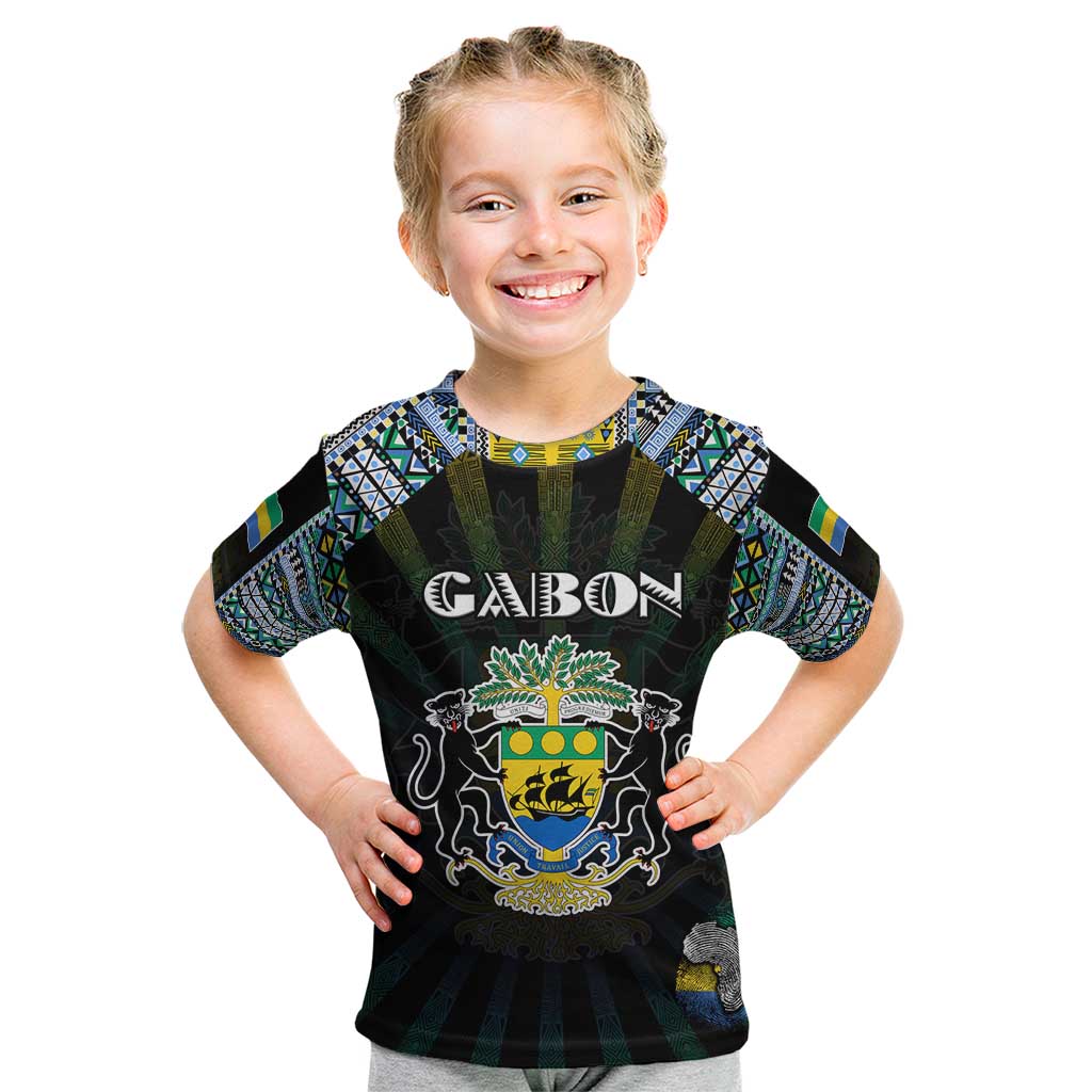 Personalized Gabon Roots Kid T Shirt African Map in Fingerprint and Tribal Colors
