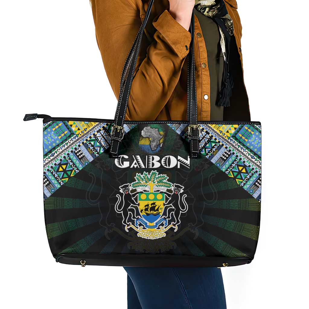 Gabon Roots Leather Tote Bag African Map in Fingerprint and Tribal Colors