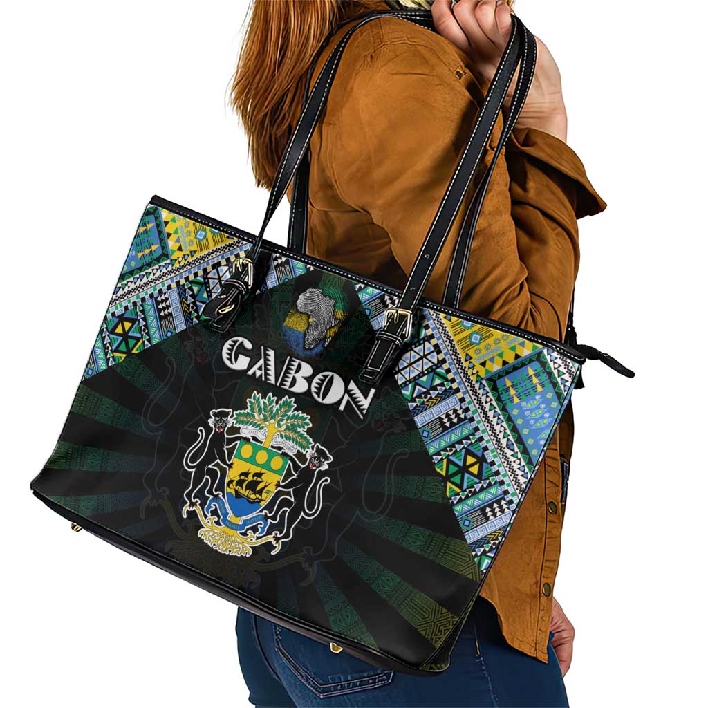 Gabon Roots Leather Tote Bag African Map in Fingerprint and Tribal Colors
