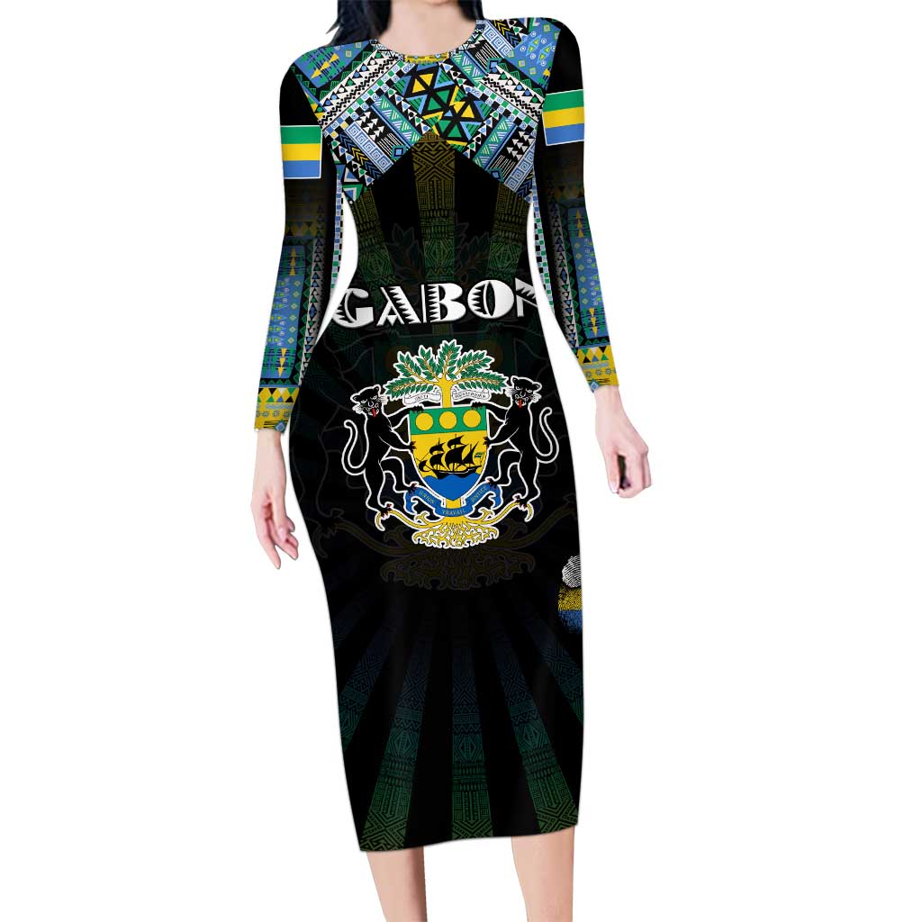 Personalized Gabon Roots Long Sleeve Bodycon Dress African Map in Fingerprint and Tribal Colors
