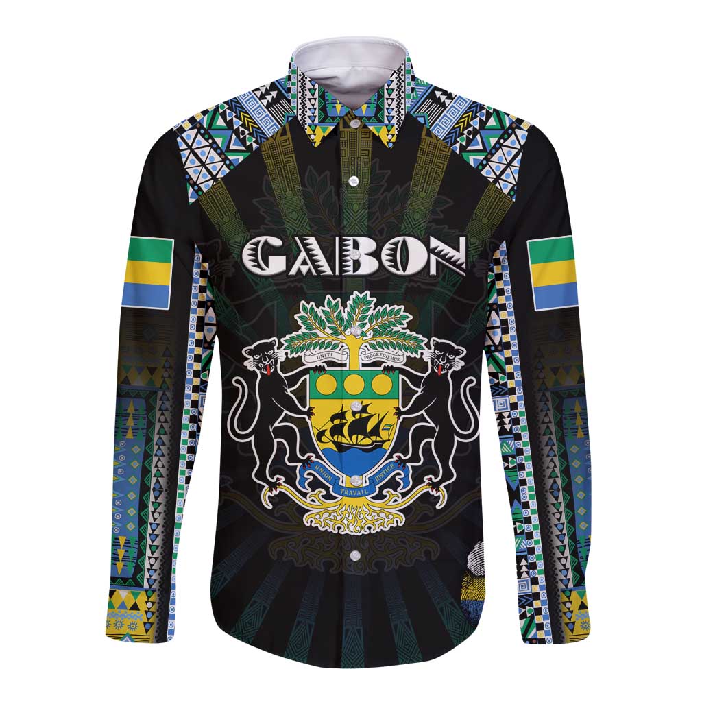 Personalized Gabon Roots Long Sleeve Button Shirt African Map in Fingerprint and Tribal Colors
