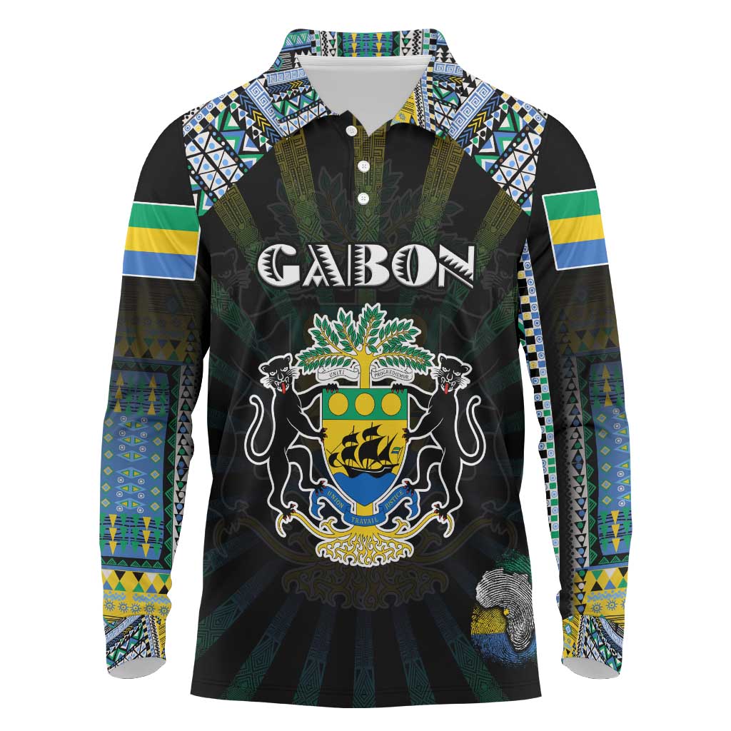 Personalized Gabon Roots Long Sleeve Polo Shirt African Map in Fingerprint and Tribal Colors