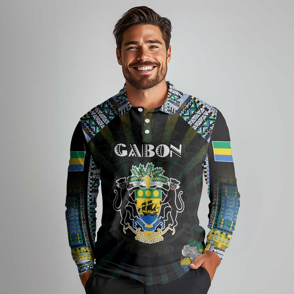 Personalized Gabon Roots Long Sleeve Polo Shirt African Map in Fingerprint and Tribal Colors