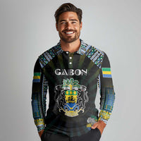 Personalized Gabon Roots Long Sleeve Polo Shirt African Map in Fingerprint and Tribal Colors