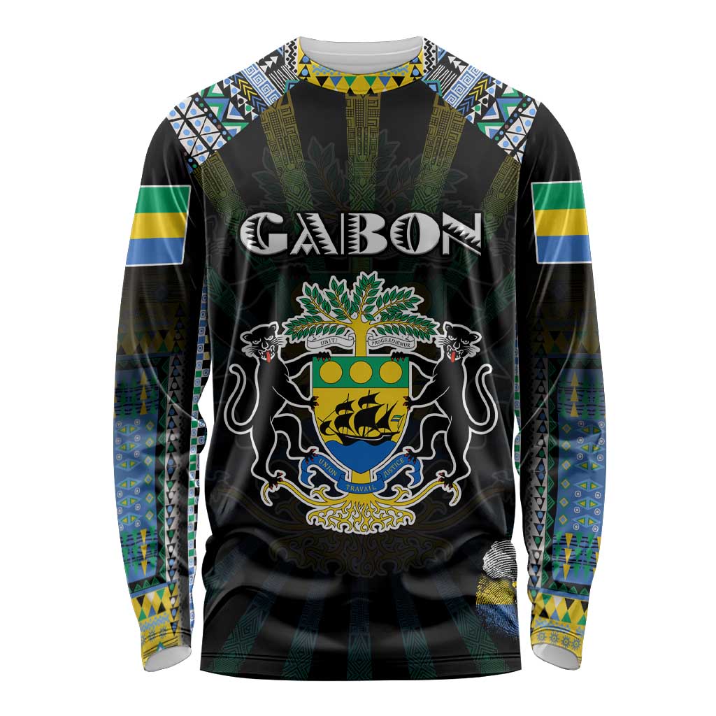 Personalized Gabon Roots Long Sleeve Shirt African Map in Fingerprint and Tribal Colors