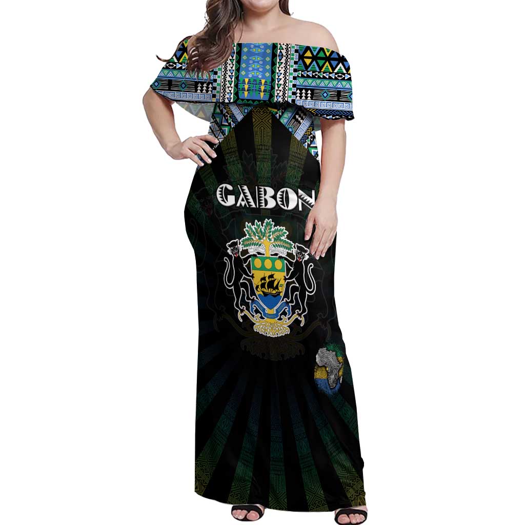 Personalized Gabon Roots Off Shoulder Maxi Dress African Map in Fingerprint and Tribal Colors