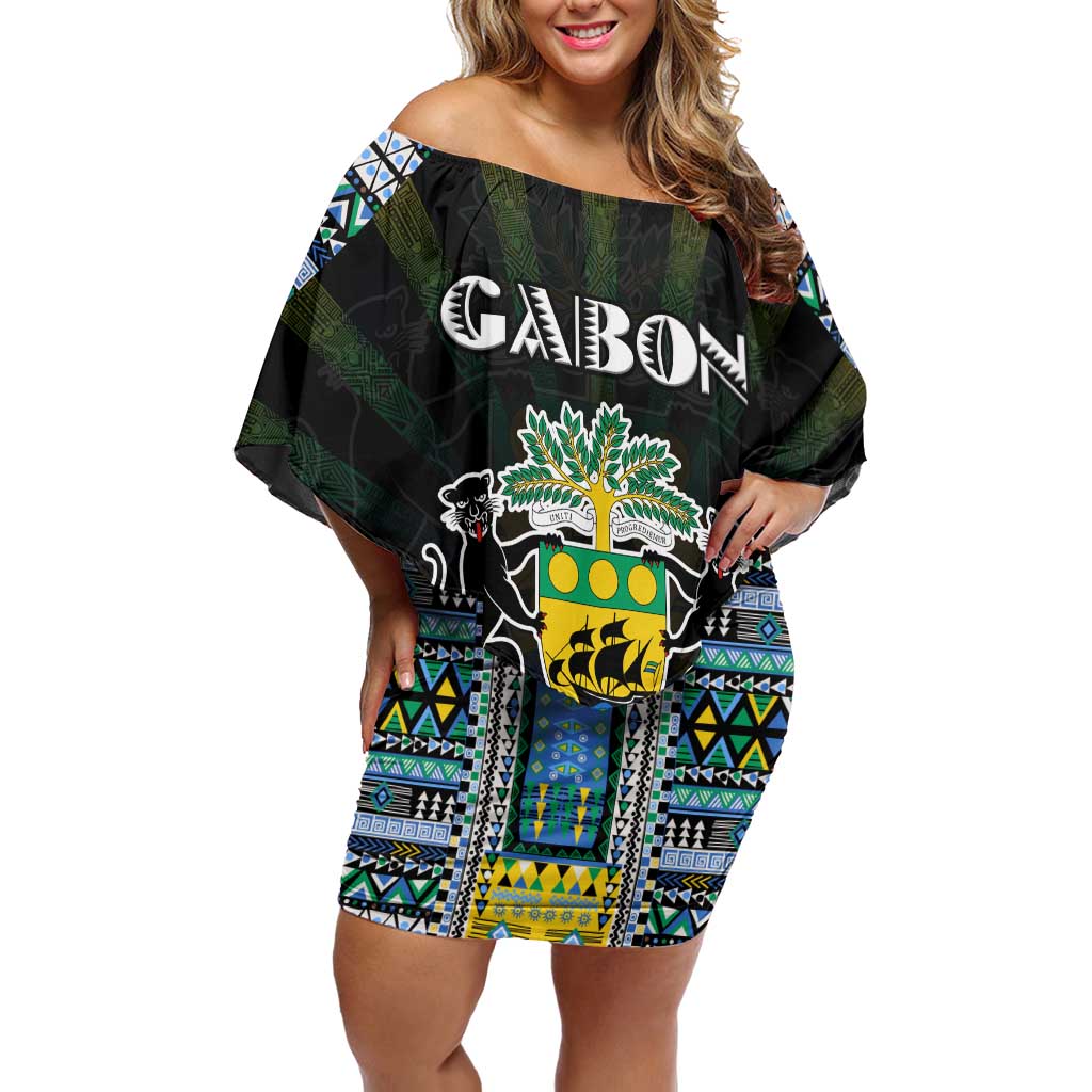 Personalized Gabon Roots Off Shoulder Short Dress African Map in Fingerprint and Tribal Colors
