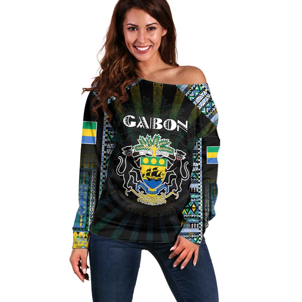 Personalized Gabon Roots Off Shoulder Sweater African Map in Fingerprint and Tribal Colors