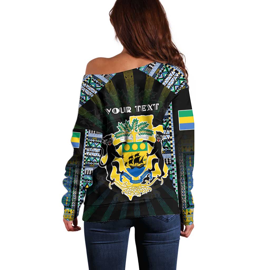 Personalized Gabon Roots Off Shoulder Sweater African Map in Fingerprint and Tribal Colors