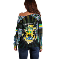Personalized Gabon Roots Off Shoulder Sweater African Map in Fingerprint and Tribal Colors