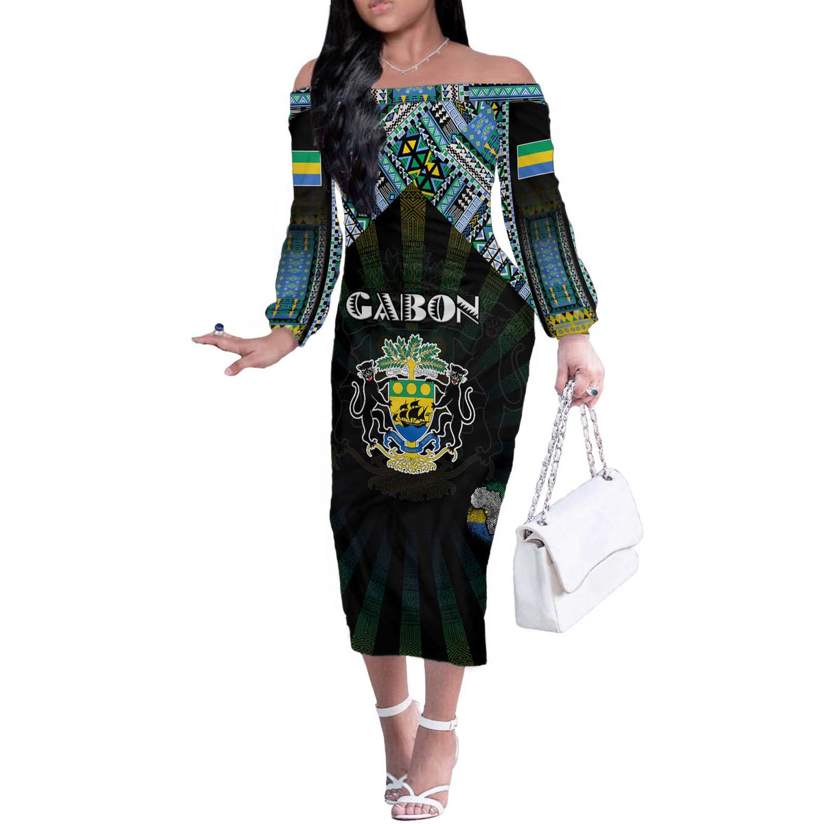 Personalized Gabon Roots Off The Shoulder Long Sleeve Dress African Map in Fingerprint and Tribal Colors