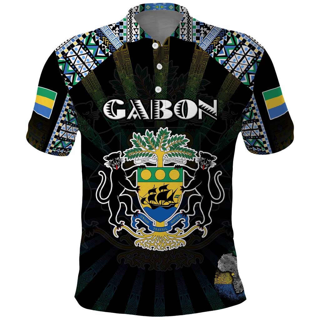 Personalized Gabon Roots Polo Shirt African Map in Fingerprint and Tribal Colors