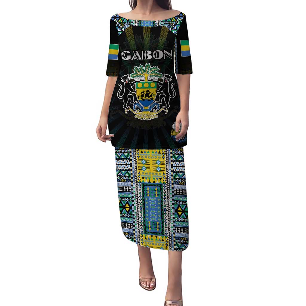 Personalized Gabon Roots Puletasi African Map in Fingerprint and Tribal Colors