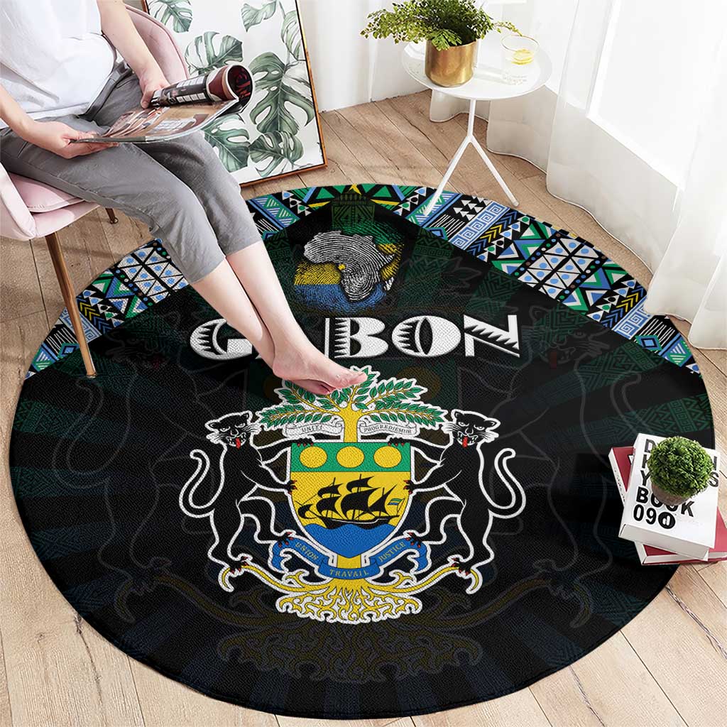Gabon Roots Round Carpet African Map in Fingerprint and Tribal Colors