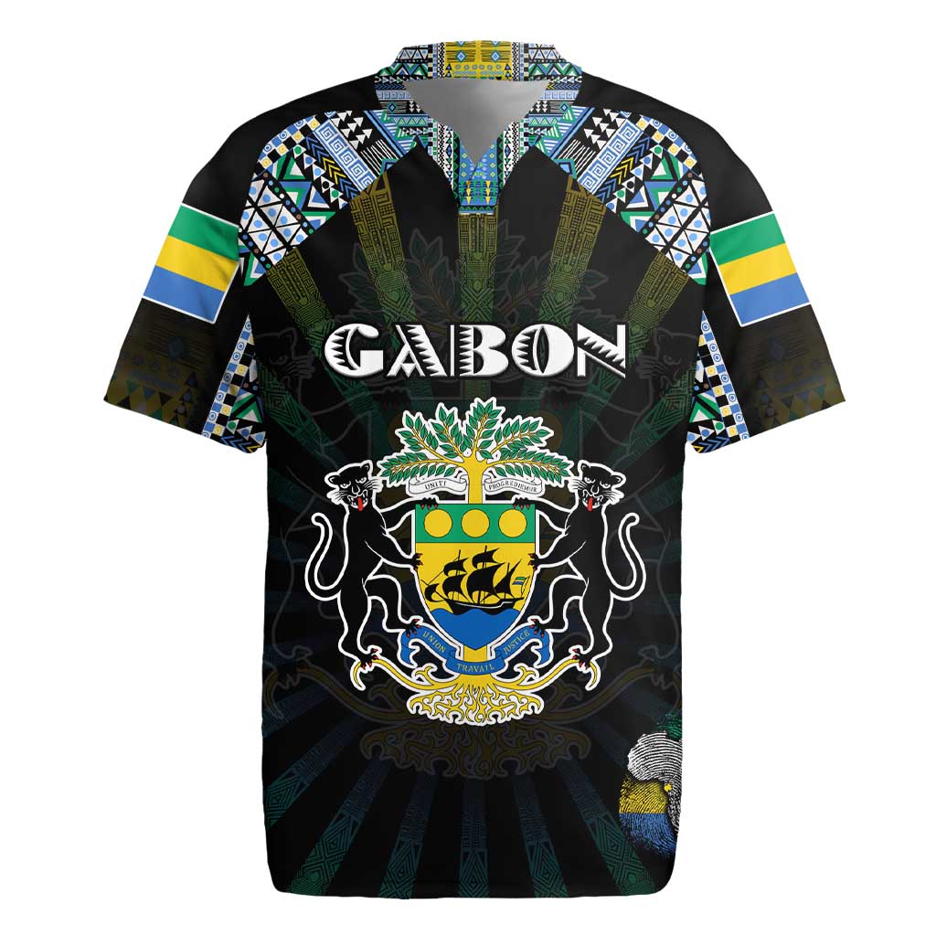Personalized Gabon Roots Rugby Jersey African Map in Fingerprint and Tribal Colors