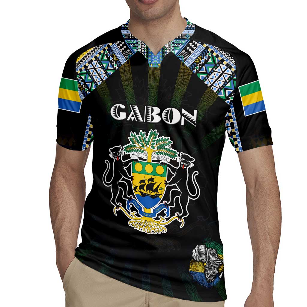 Personalized Gabon Roots Rugby Jersey African Map in Fingerprint and Tribal Colors