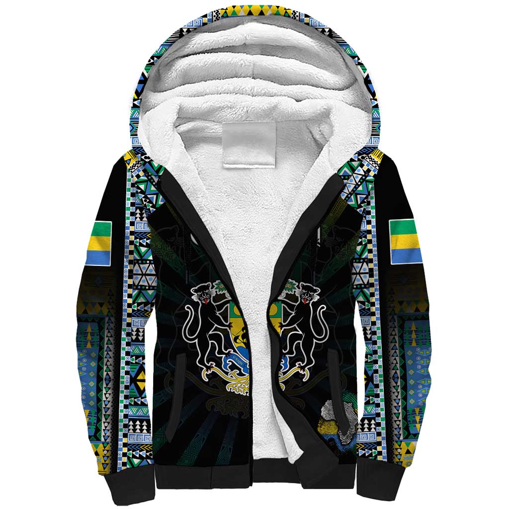 Personalized Gabon Roots Sherpa Hoodie African Map in Fingerprint and Tribal Colors