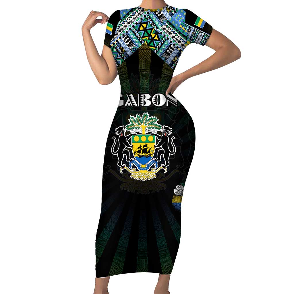 Personalized Gabon Roots Short Sleeve Bodycon Dress African Map in Fingerprint and Tribal Colors