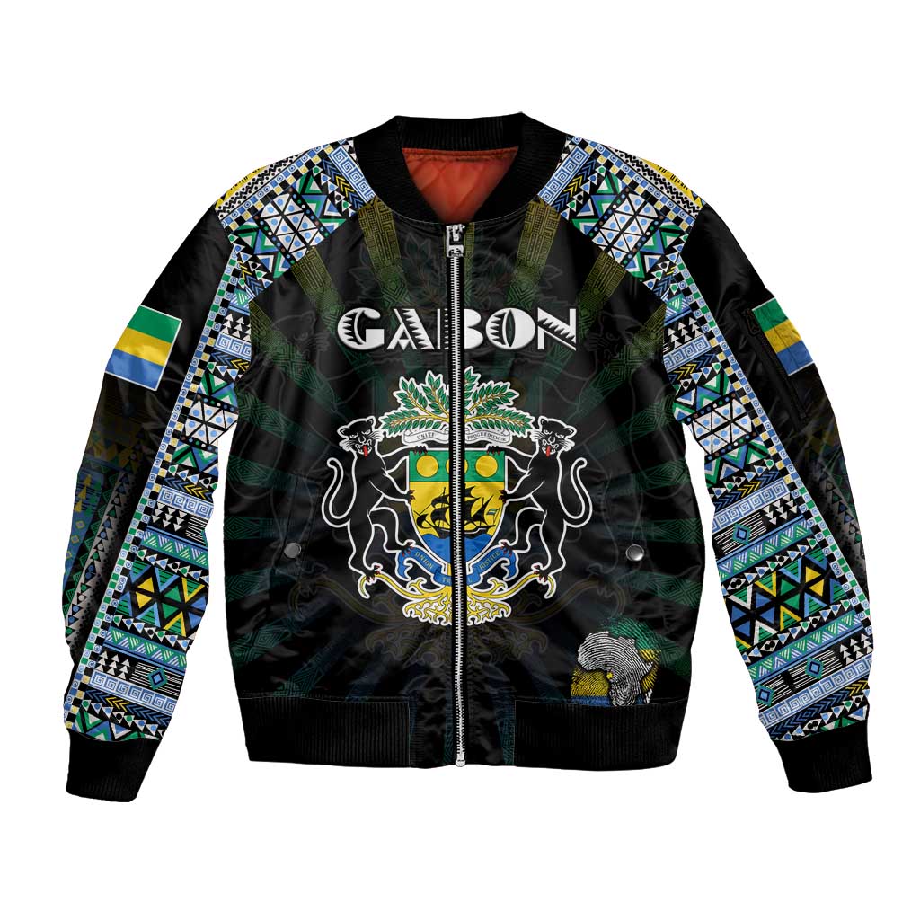 Personalized Gabon Roots Sleeve Zip Bomber Jacket African Map in Fingerprint and Tribal Colors