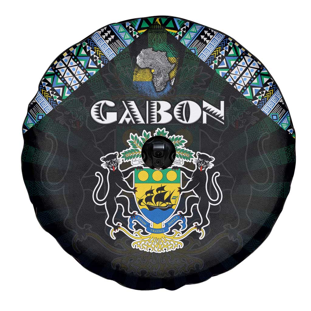 Gabon Roots Spare Tire Cover African Map in Fingerprint and Tribal Colors