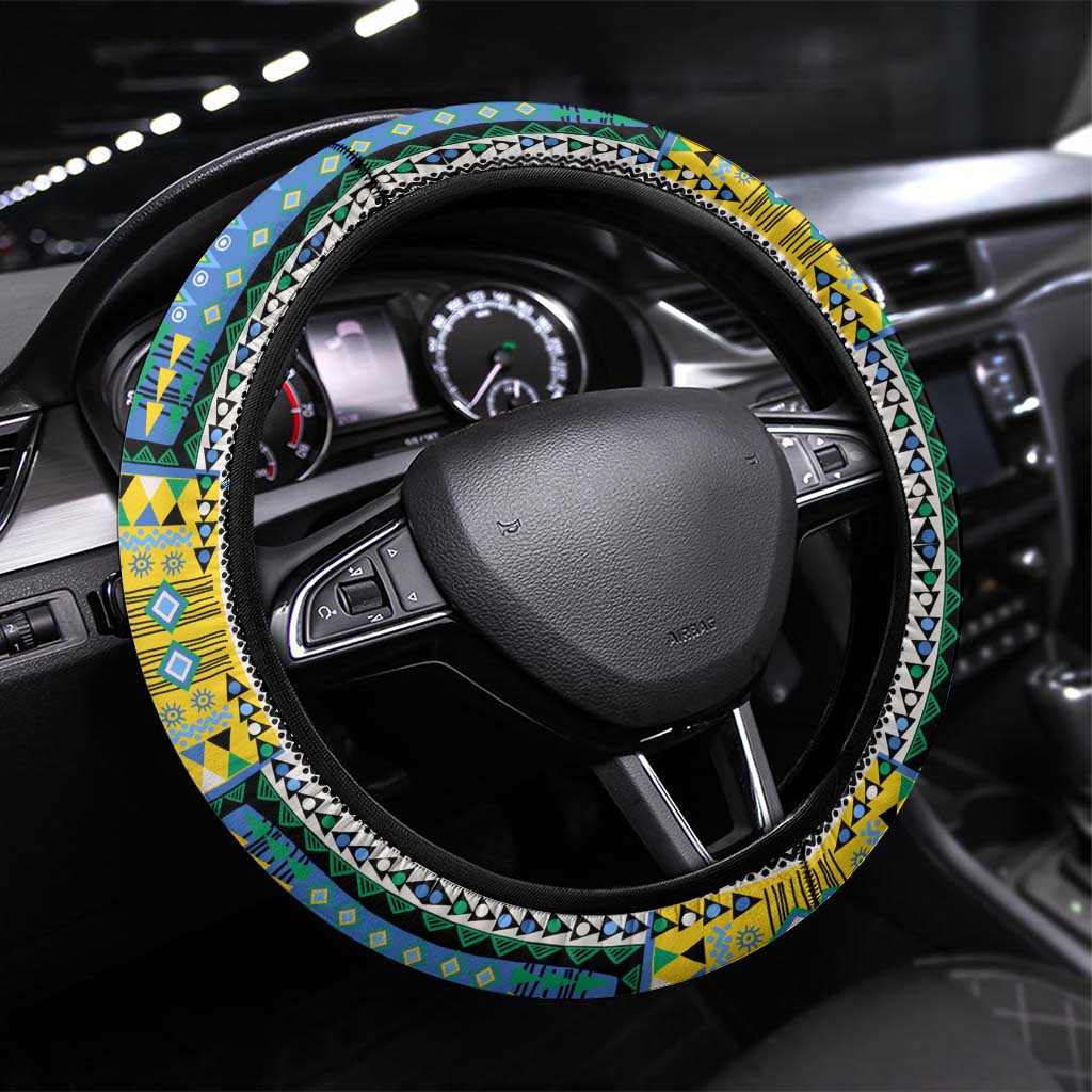 Gabon Roots Steering Wheel Cover African Map in Fingerprint and Tribal Colors
