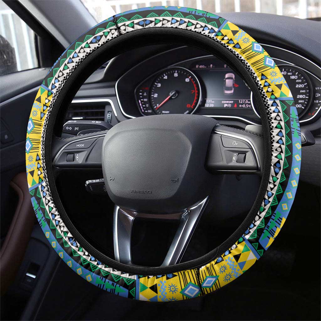 Gabon Roots Steering Wheel Cover African Map in Fingerprint and Tribal Colors