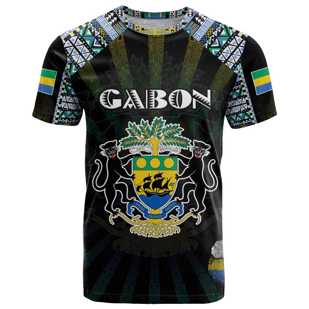 Personalized Gabon Roots T Shirt African Map in Fingerprint and Tribal Colors