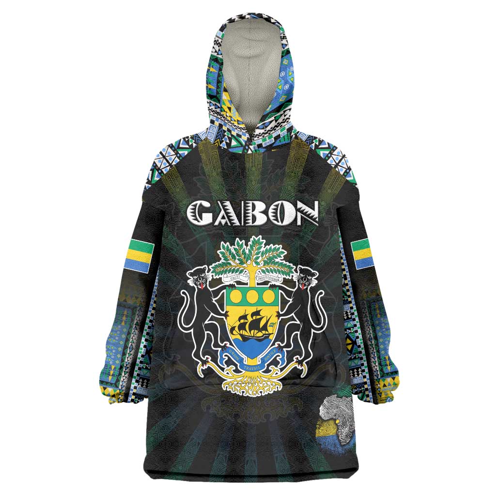 Personalized Gabon Roots Wearable Blanket Hoodie African Map in Fingerprint and Tribal Colors