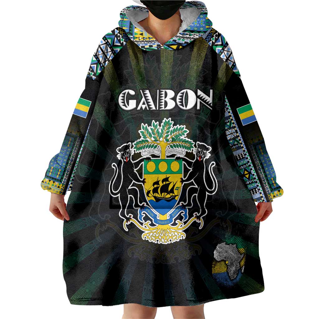 Personalized Gabon Roots Wearable Blanket Hoodie African Map in Fingerprint and Tribal Colors