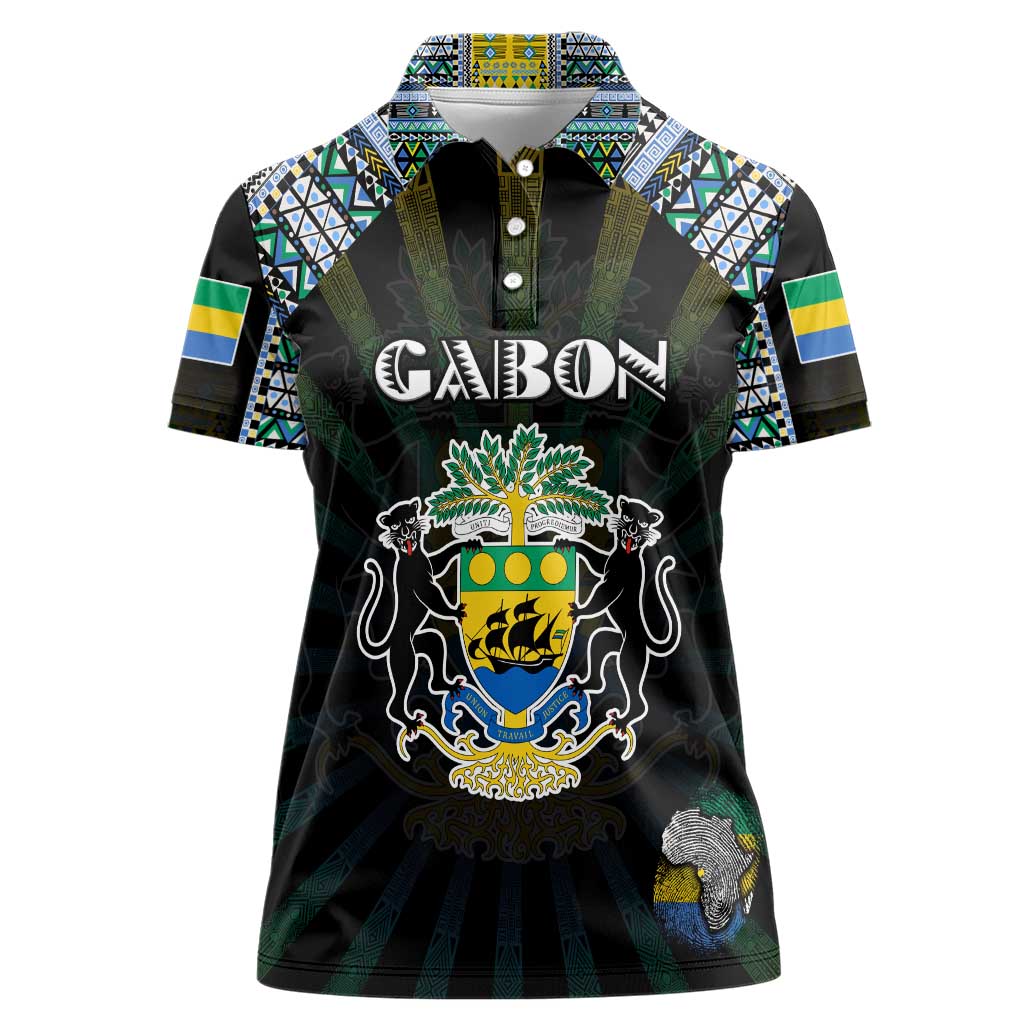 Personalized Gabon Roots Women Polo Shirt African Map in Fingerprint and Tribal Colors