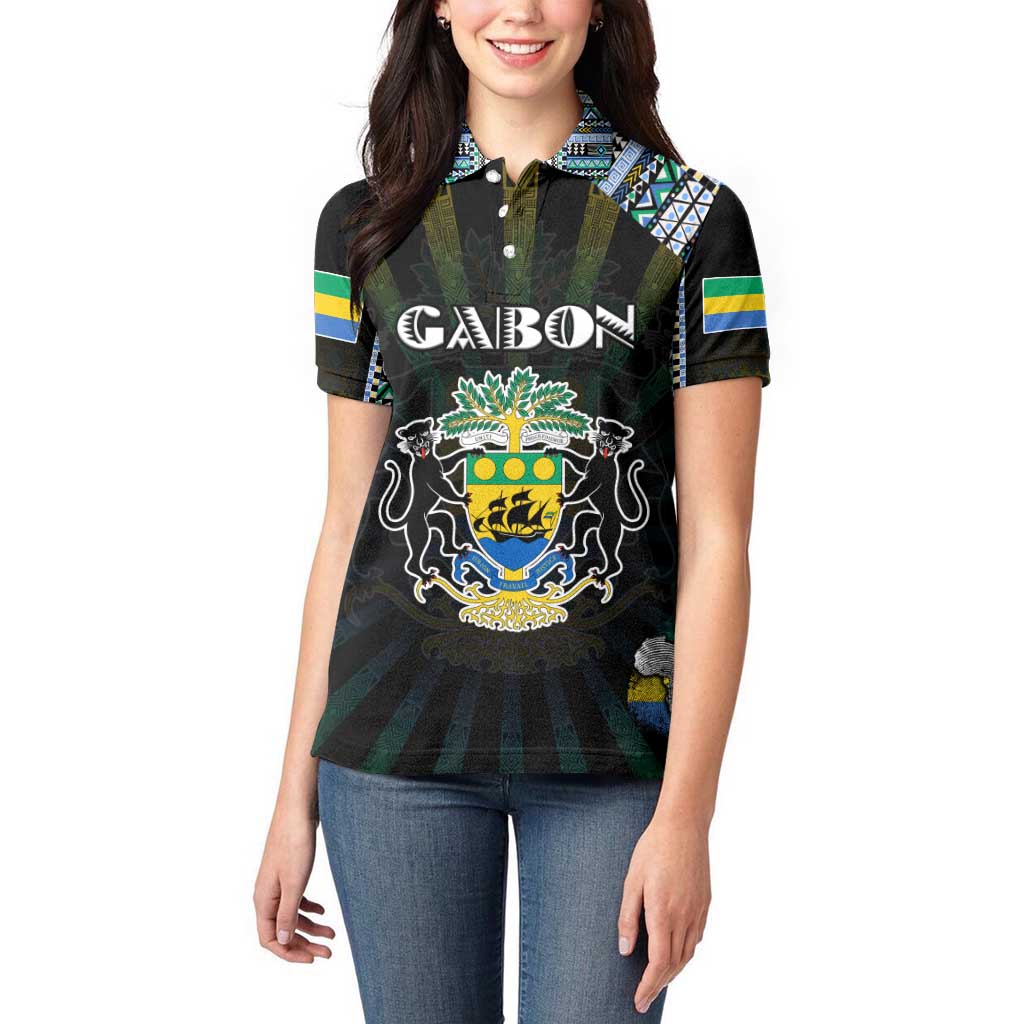 Personalized Gabon Roots Women Polo Shirt African Map in Fingerprint and Tribal Colors