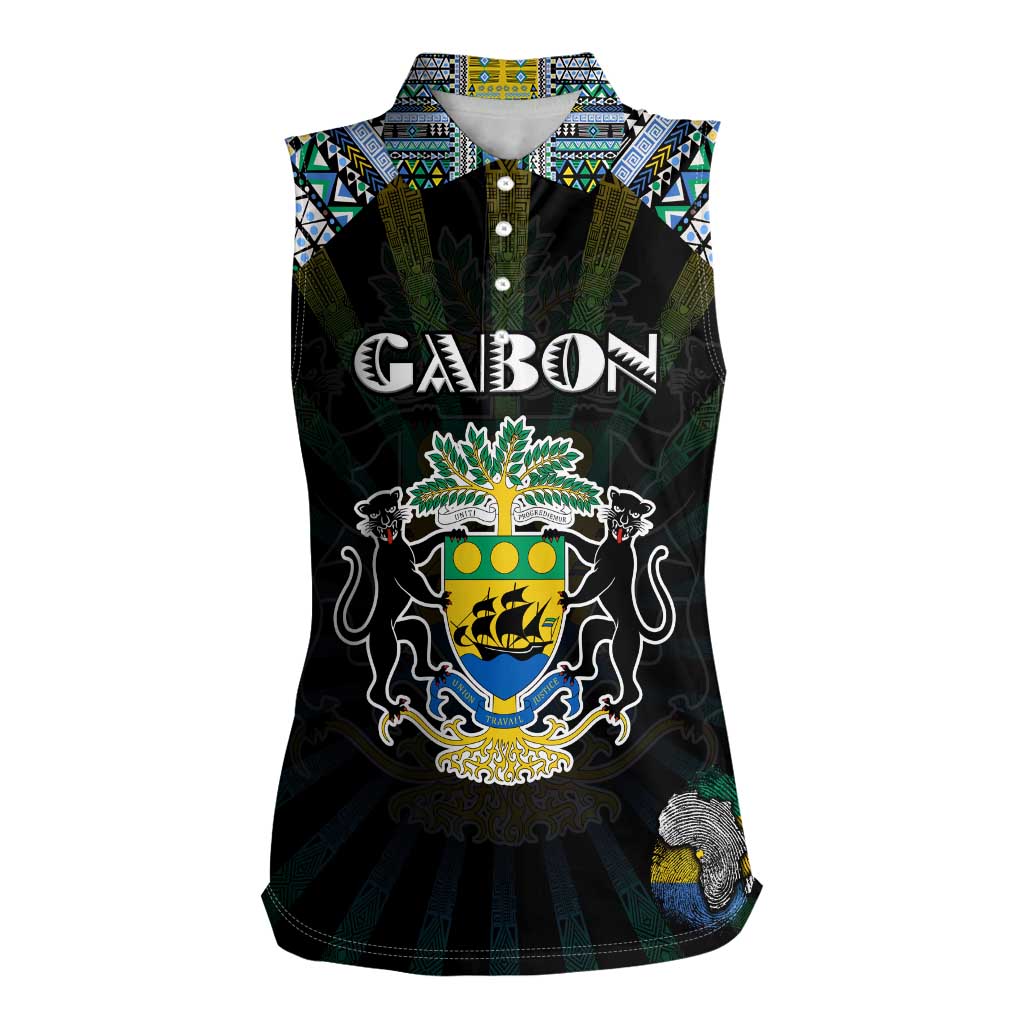 Personalized Gabon Roots Women Sleeveless Polo Shirt African Map in Fingerprint and Tribal Colors