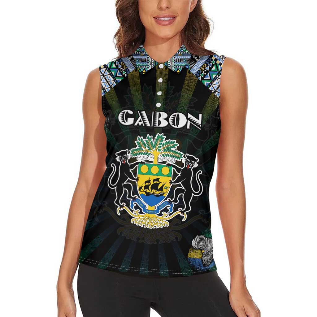 Personalized Gabon Roots Women Sleeveless Polo Shirt African Map in Fingerprint and Tribal Colors
