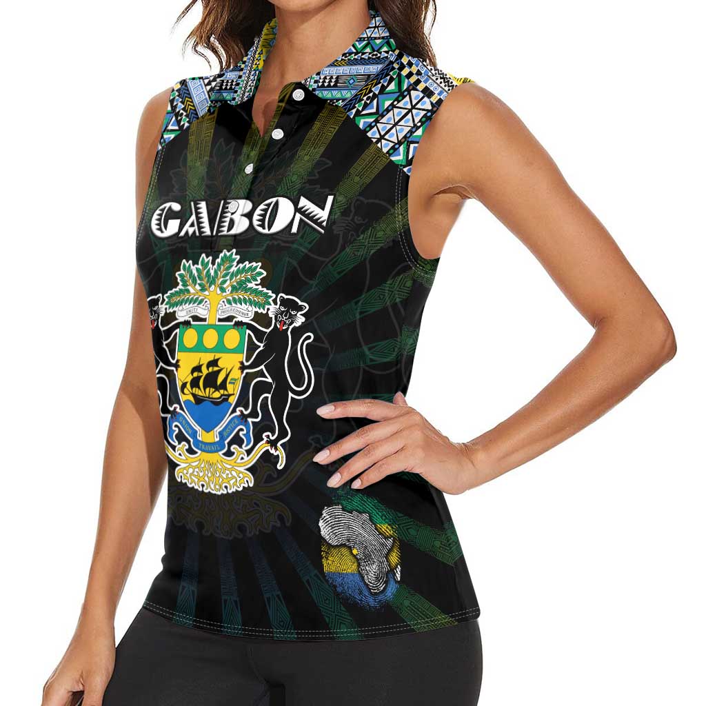 Personalized Gabon Roots Women Sleeveless Polo Shirt African Map in Fingerprint and Tribal Colors