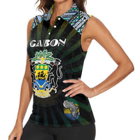 Personalized Gabon Roots Women Sleeveless Polo Shirt African Map in Fingerprint and Tribal Colors