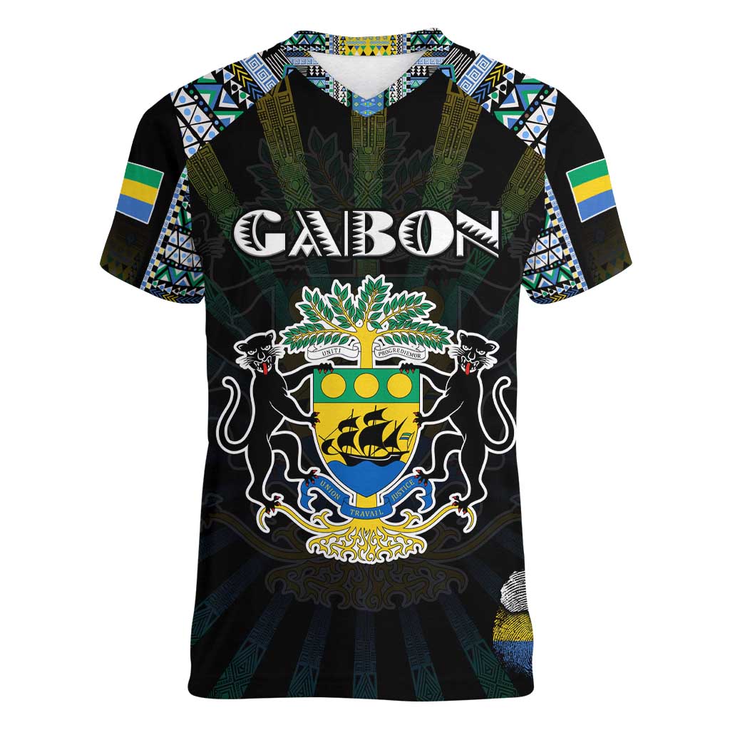 Personalized Gabon Roots Women V-Neck T-Shirt African Map in Fingerprint and Tribal Colors