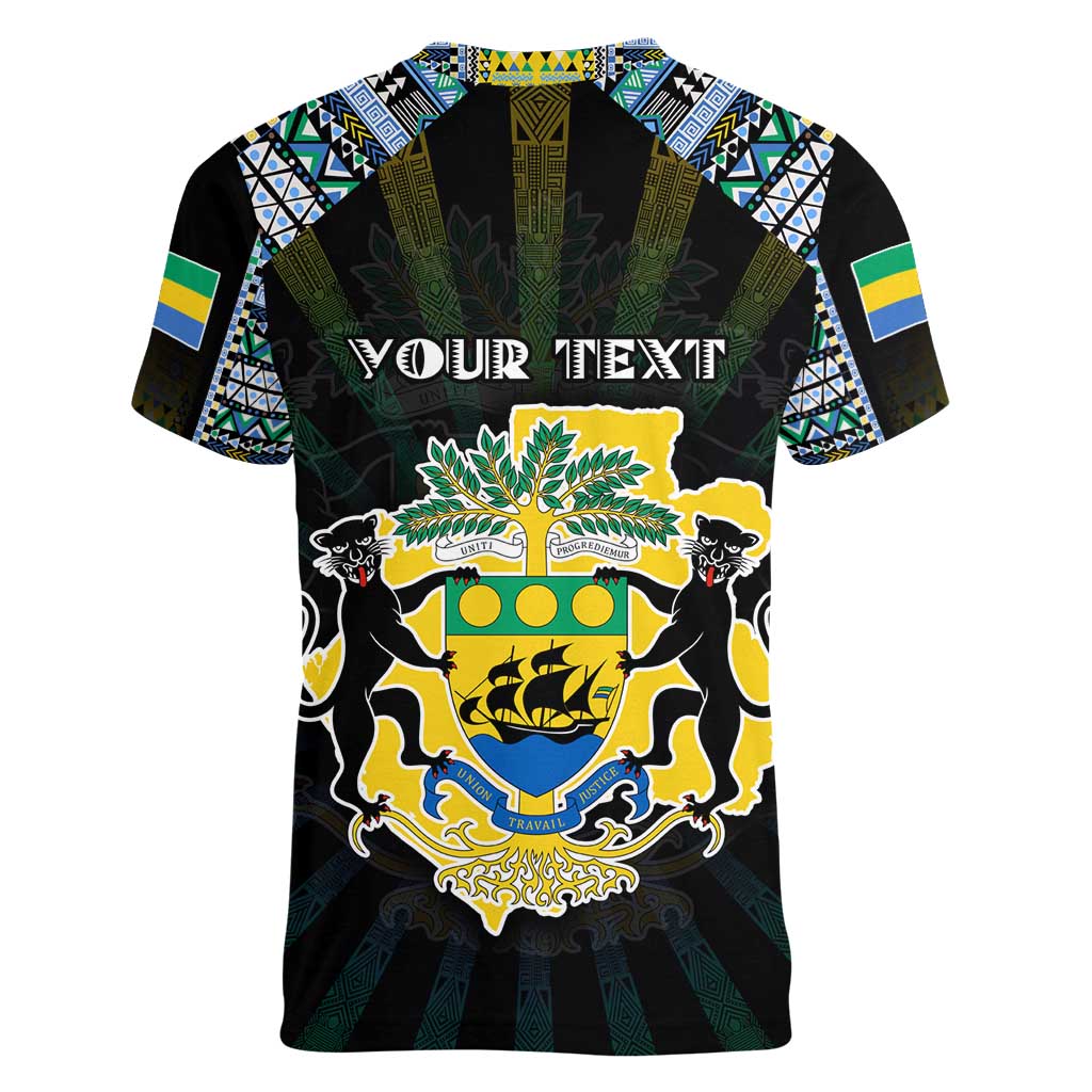 Personalized Gabon Roots Women V-Neck T-Shirt African Map in Fingerprint and Tribal Colors